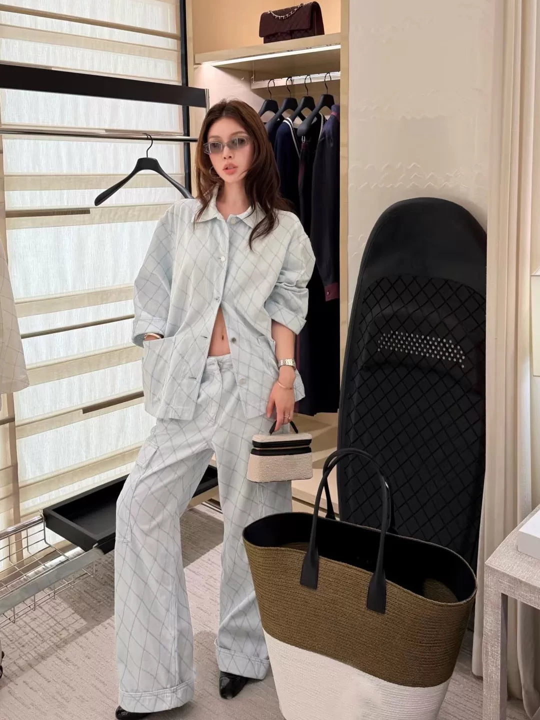 Spring, summer 26ss June, Nanyou summer new island beach embroidered rhombus lapel denim jacket + suspender skirt + trousers + shorts
