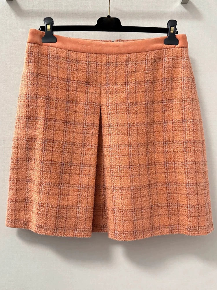 Early autumn new orange plaid jacket skirt female retro celebrity temperament high-end wool tweed suit