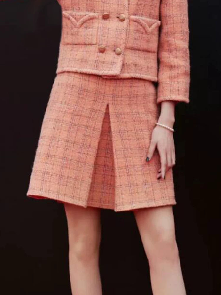 Early autumn new orange plaid jacket skirt female retro celebrity temperament high-end wool tweed suit