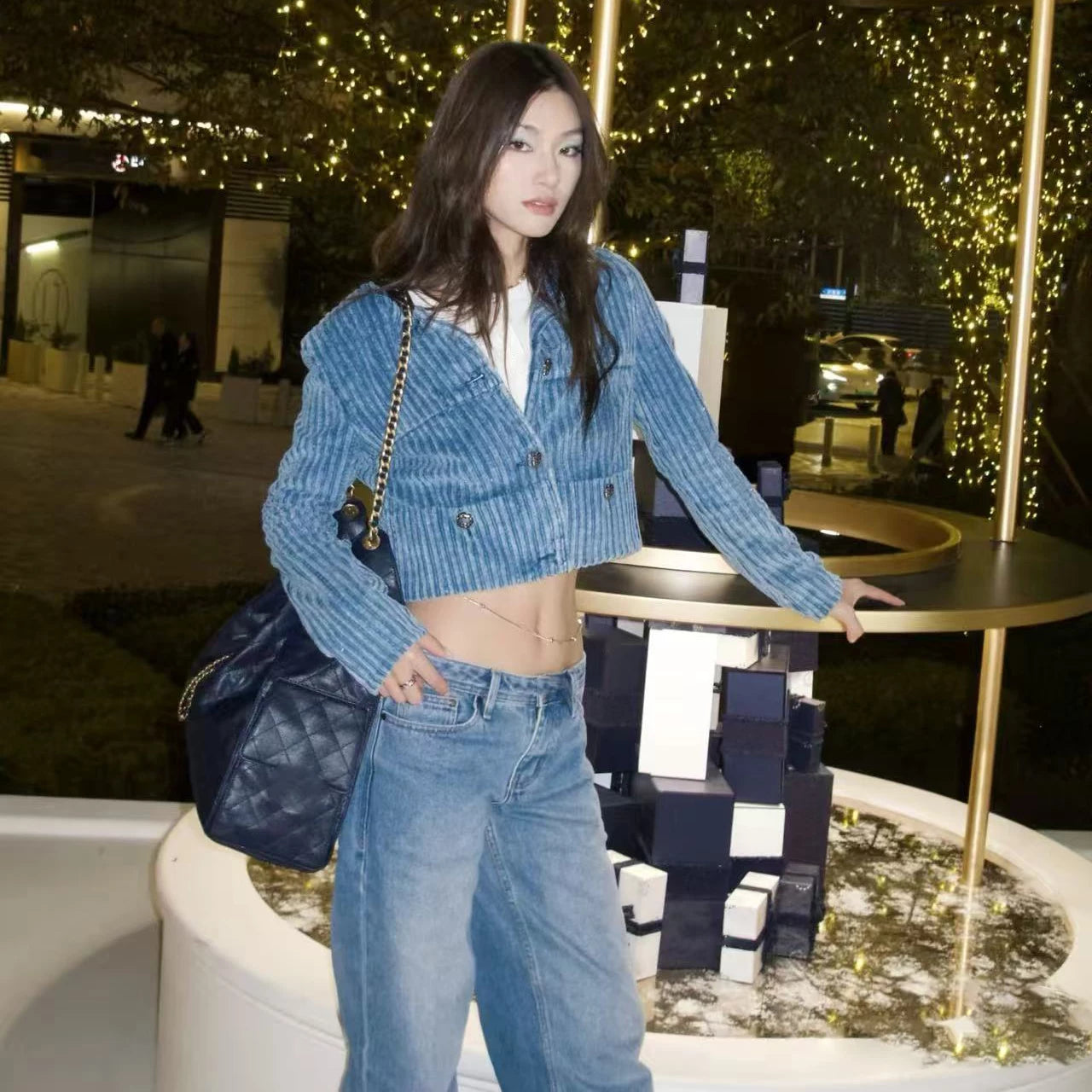 2026 early spring high-end heavy industry retro blue shiny corduroy foreign style fashionable jacket short coat cardigan