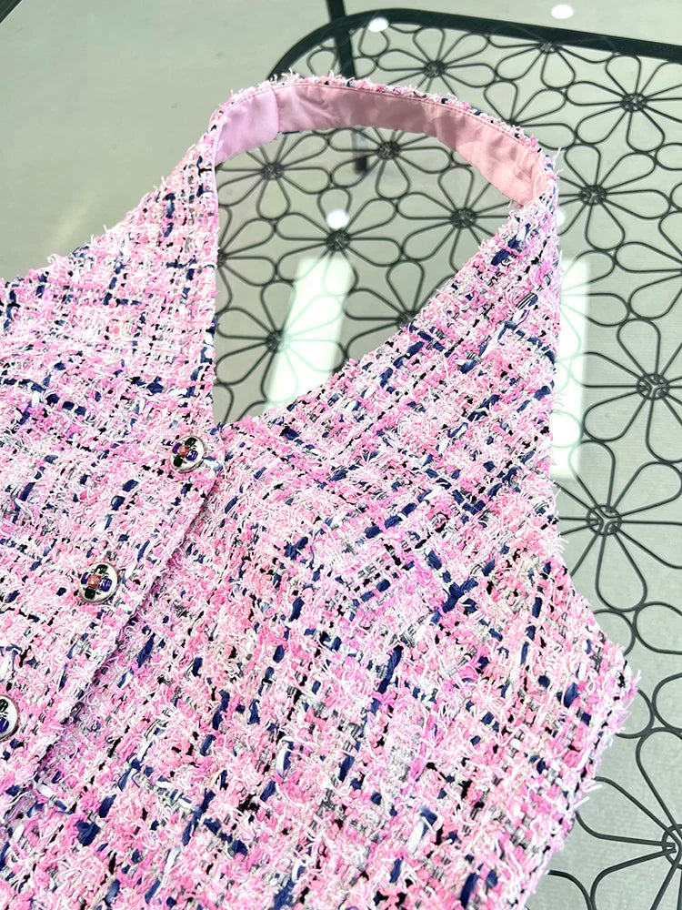 Summer French vest vest for women, neck-hanging plaid backless sexy suspender inside and outside top