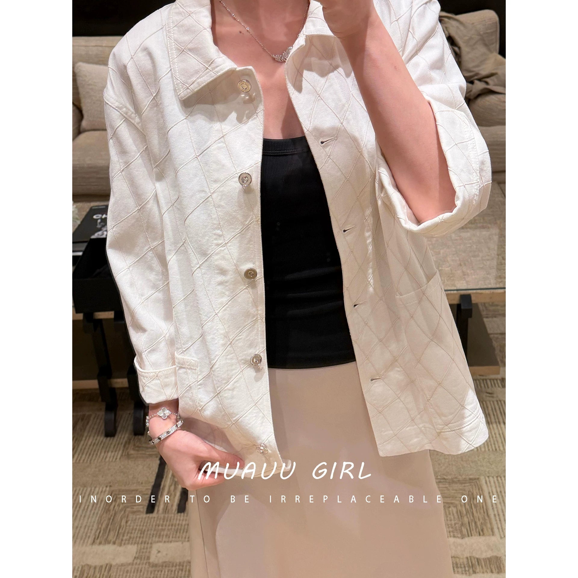 Spring/summer 26ss June MUAUU GIRL vacation collection! 26SS rhombus denim jacket/trousers/shorts/dress