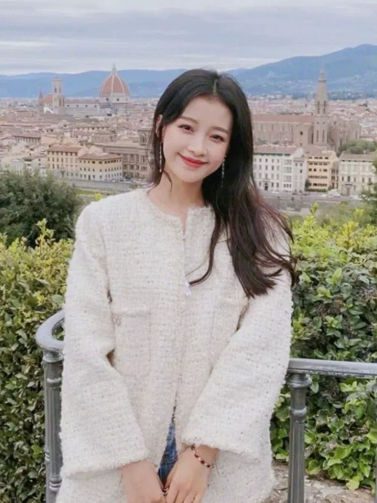 Black gold coat, socialite spring new Chen Weiting wool thickened loose padded coarse tweed top