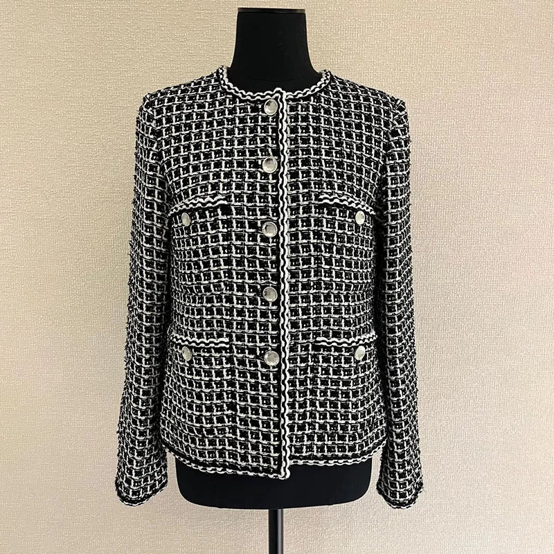 New jacket in early spring 25 women's round neck with four pockets black and white plaid woven wool tweed top