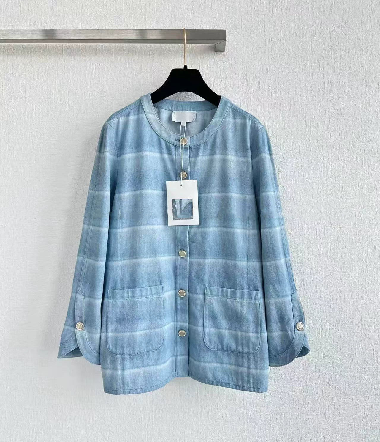 2025 autumn and winter fashion foreign style washed blue and white striped single-breasted cardigan jacket high waist straight wide-leg pants