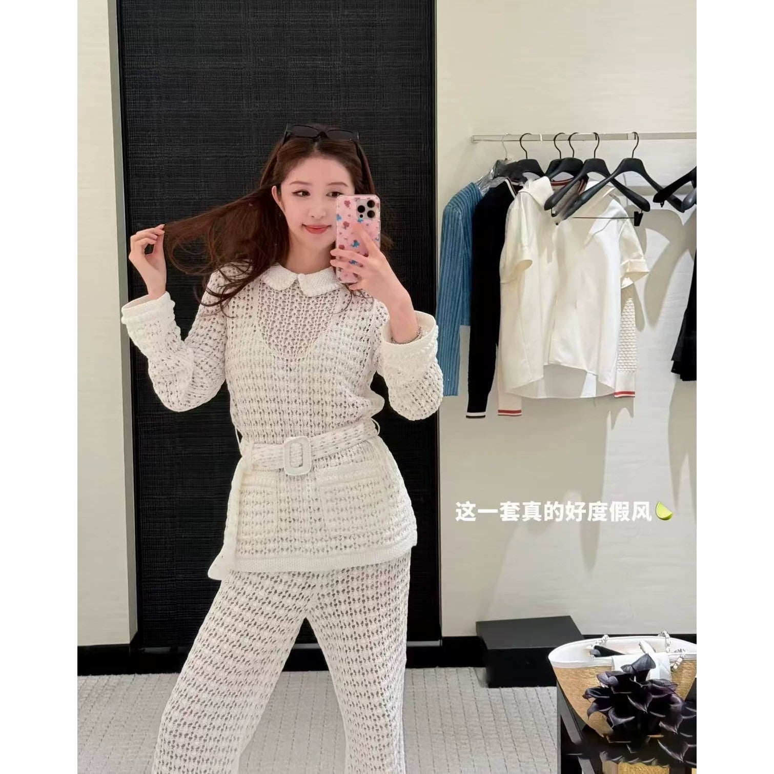 2025 autumn and winter contrasting colors heavy industry premium doll collar white crochet hollow knitted long sleeves + high waist wide leg pants women