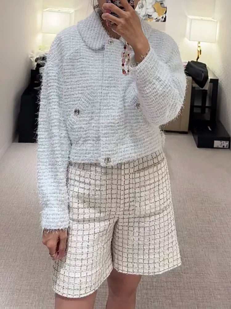 Early spring new shorts women's tweed plaid wide-leg pants temperament versatile and thin high-end women's clothing