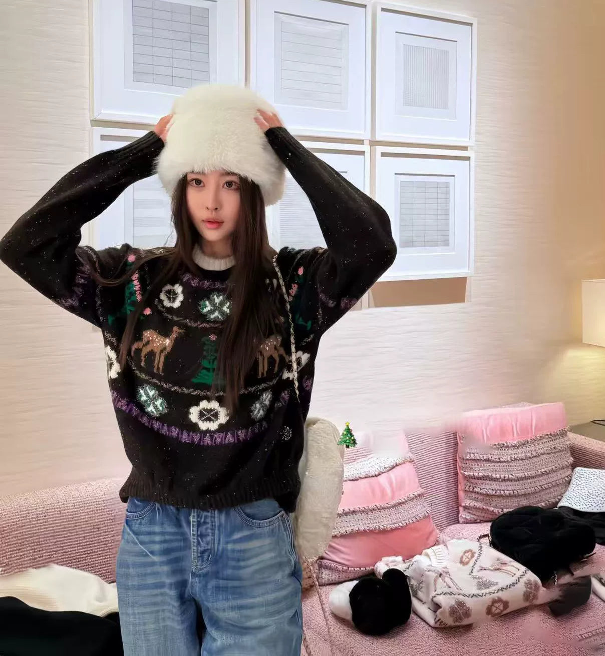 2025 autumn and winter heavy industry animal snowflake multi-element embroidery ski cashmere brown knitted cardigan pullover long sleeve