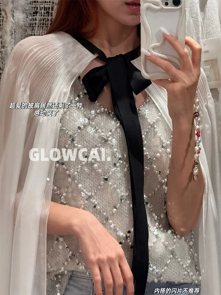 Spring and summer 26ss June, mulberry silk~ 25s spring and summer white moonlight fairy white bow strap shawl cape shirt temperament top