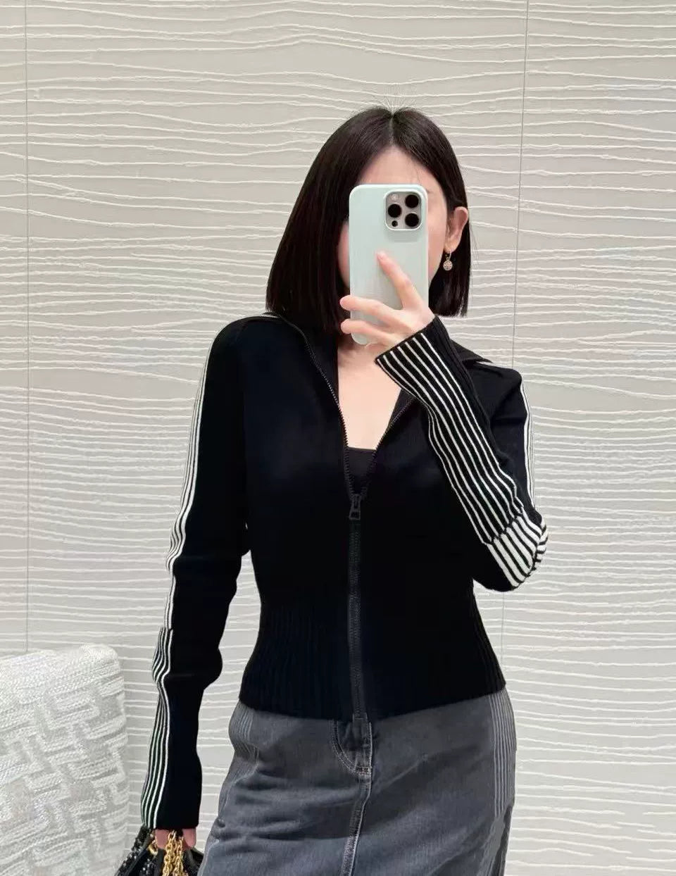 2025 autumn and winter letter five-pointed star letter jacquard half-open neck slim-fitting thin cashmere zipper knitted cardigan top