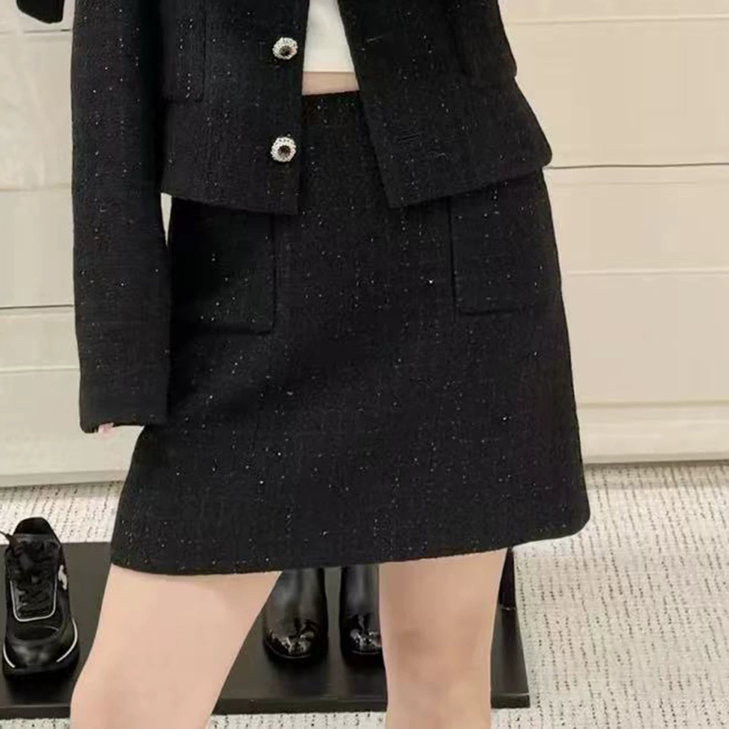 Light luxury black sequined suit women's wool tweed jacket skirt two-piece set celebrity elegance