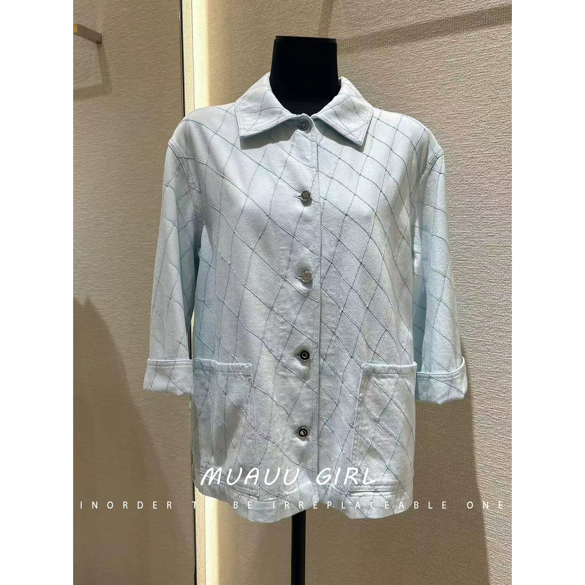 Spring/summer 26ss June MUAUU GIRL vacation collection! 26SS rhombus denim jacket/trousers/shorts/dress