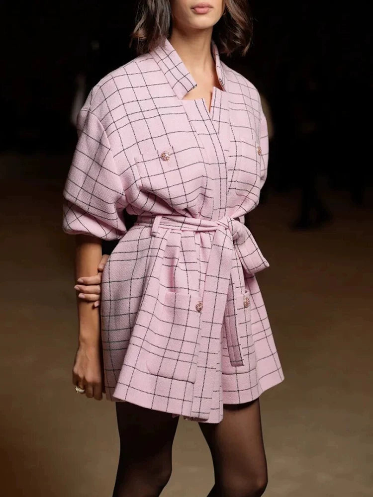 24 new coat women's bathrobe-style lace-up jacket top medium and long pink plaid socialite women's clothing