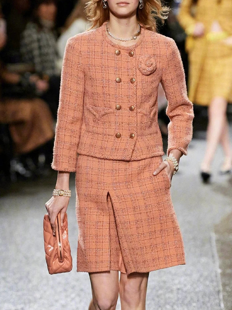 Early autumn new orange plaid jacket skirt female retro celebrity temperament high-end wool tweed suit