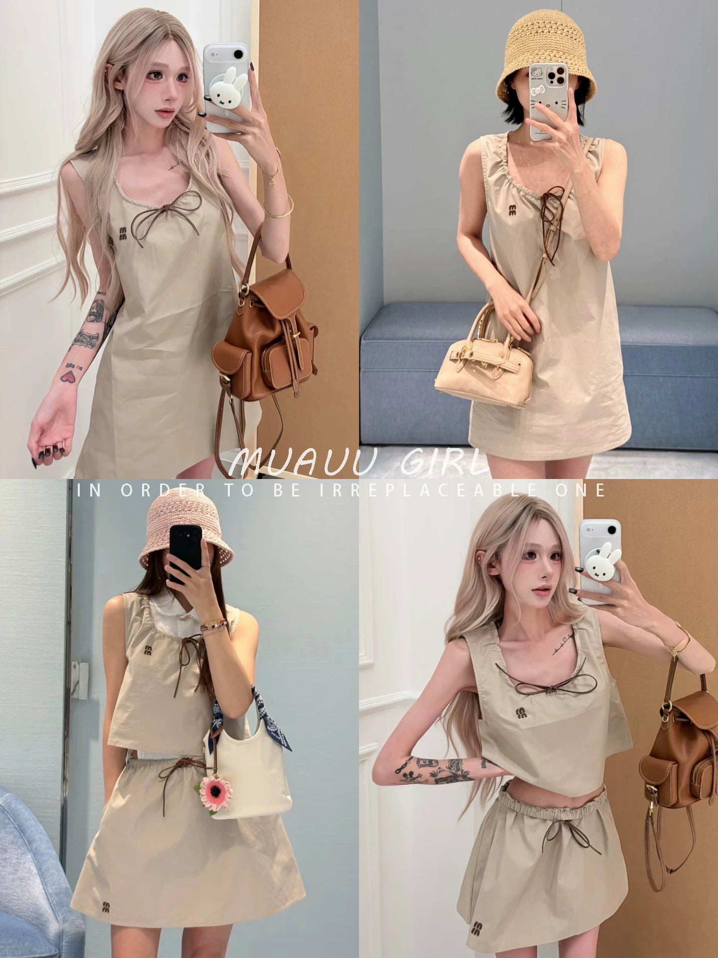 Spring and summer 26ss June MUAUU GIRL pure and lovely! 26S new letter embroidered drawstring lace-up vest + short skirt + dress