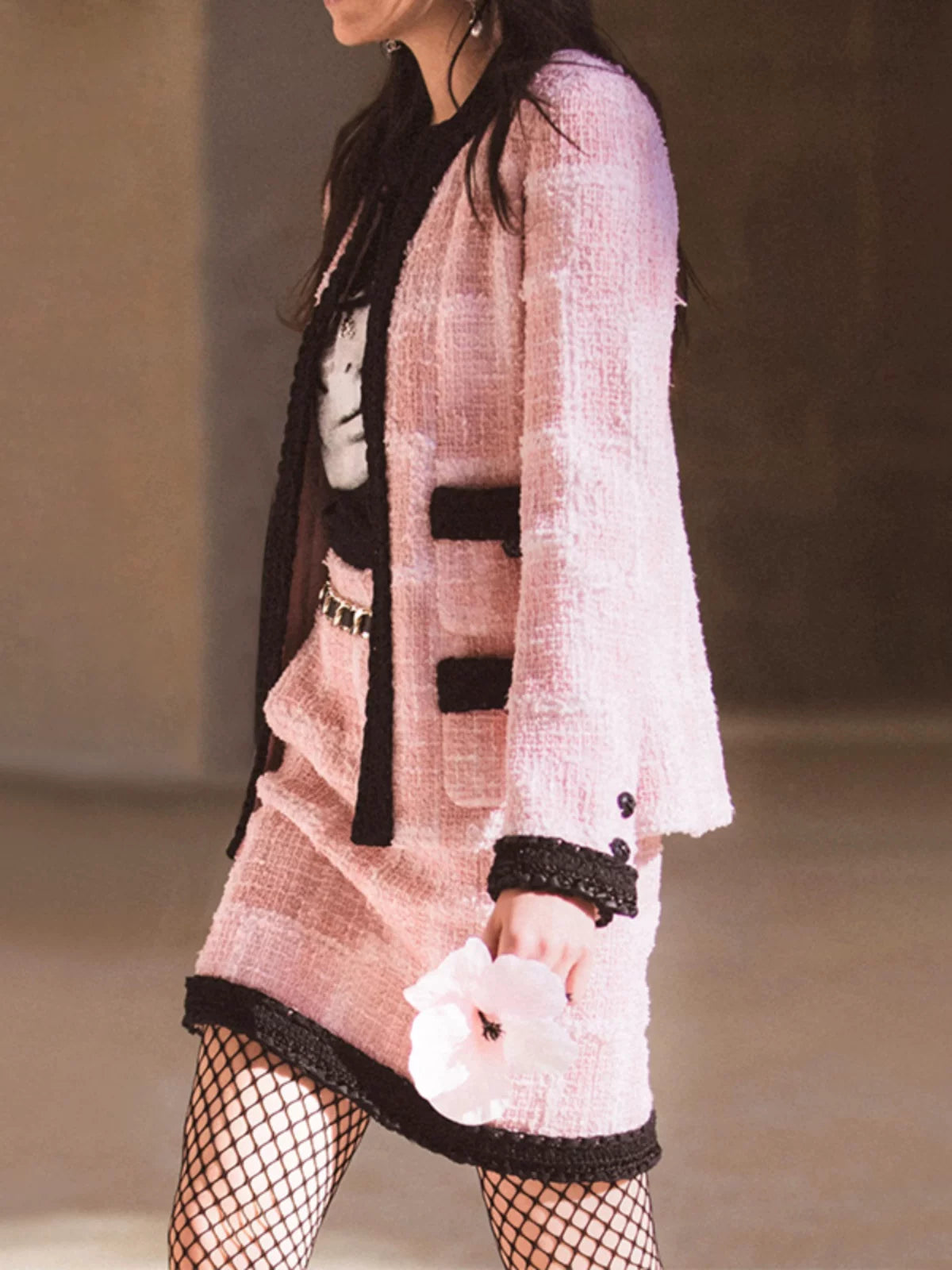 25 short coat and skirt women's new two-piece set vacation series pink tweed splicing spring and autumn set