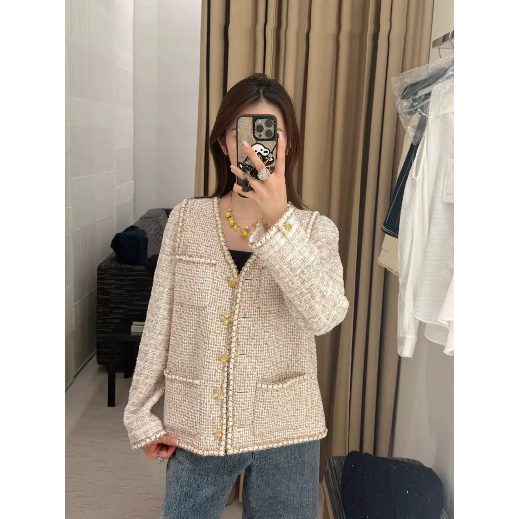 2026 early spring French high-end temperament heavy industry tweed woven fake two-piece vest jacket top