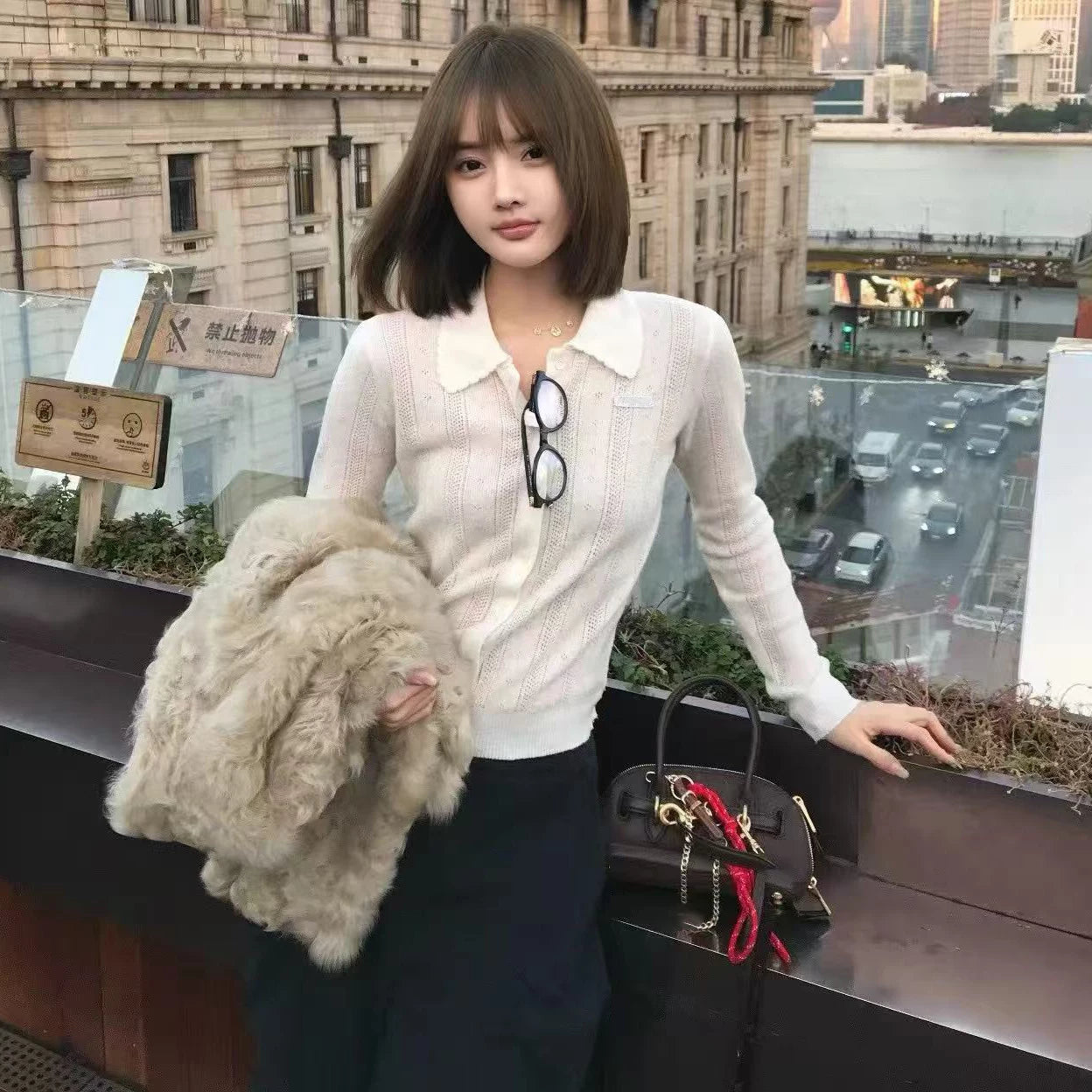 2025 autumn and winter college style letter embroidery polo collar slim and thin single-breasted cashmere knitted long-sleeved cardigan women