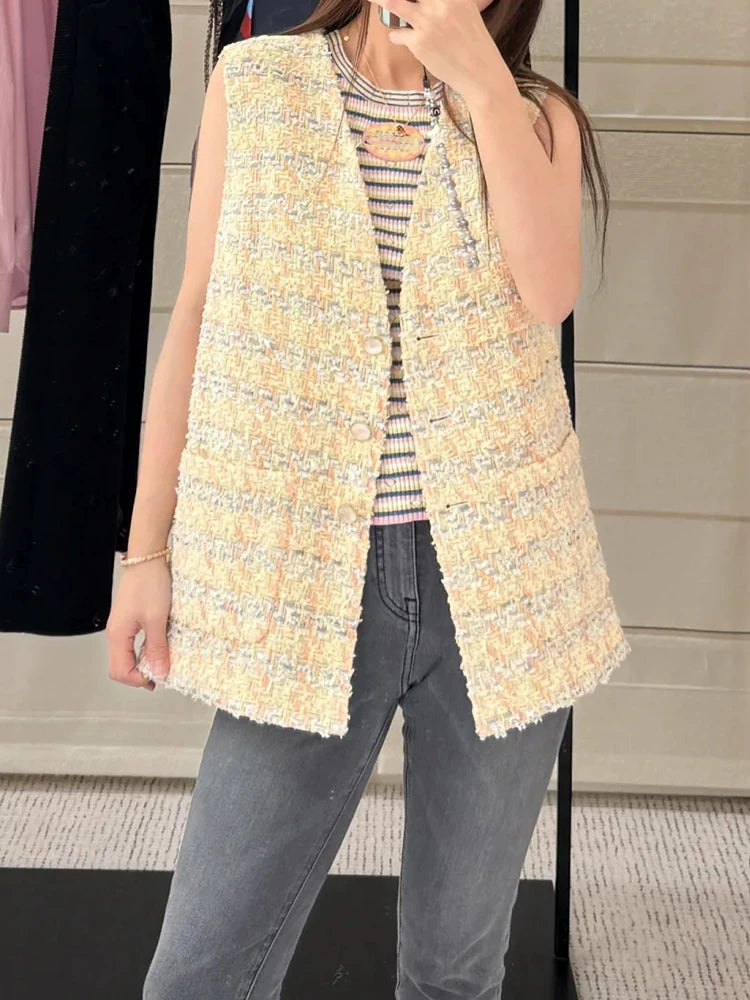 25 New vest women's vest V-neck loose medium and long sleeveless jacket wool tweed woven women's clothing