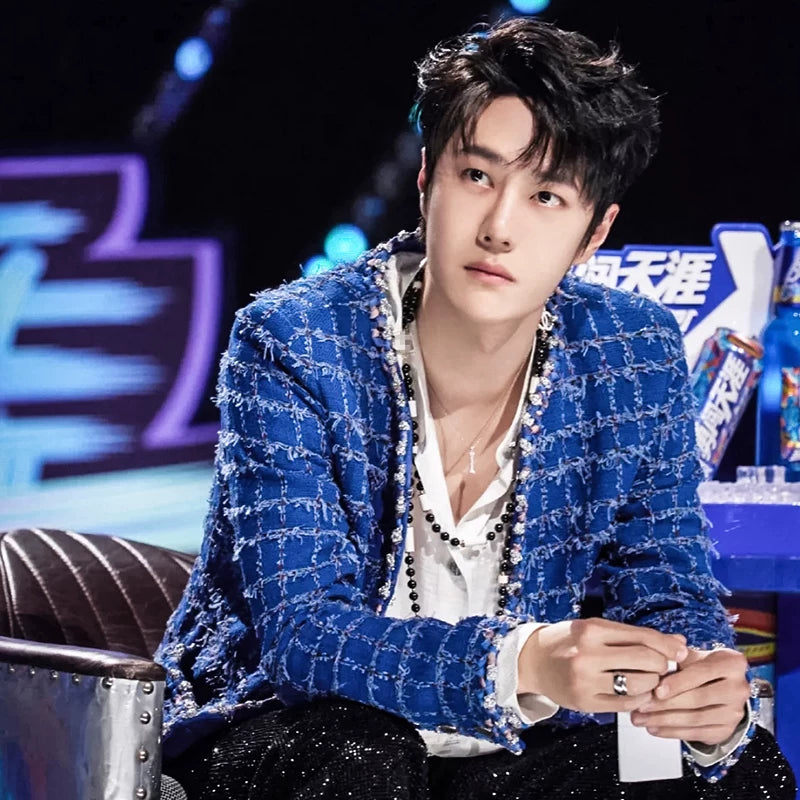 Star Wang Yibo same coat women's blue plaid tweed haute couture celebrity temperament couple top