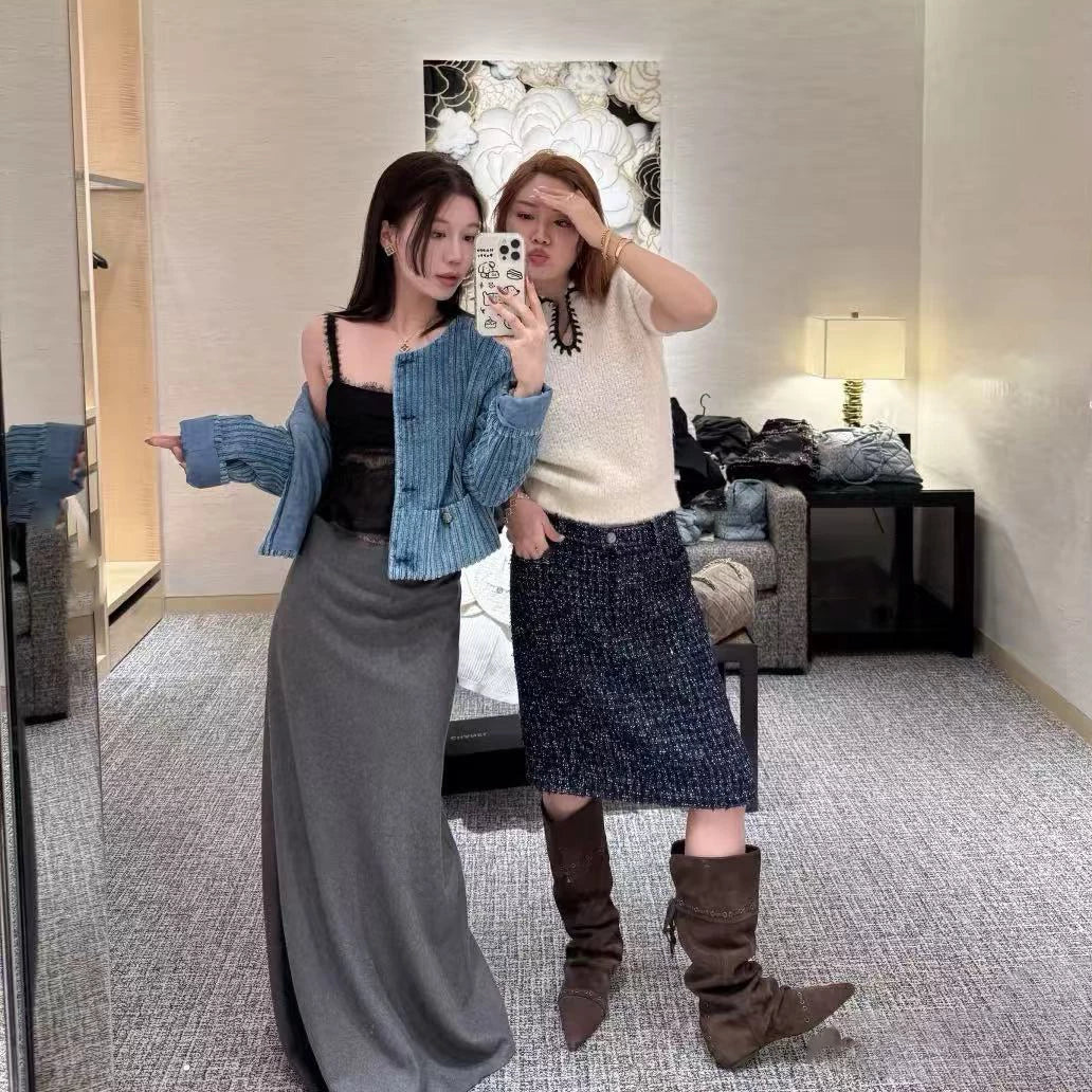 2026 early spring high-end heavy industry retro blue shiny corduroy foreign style fashionable jacket short coat cardigan