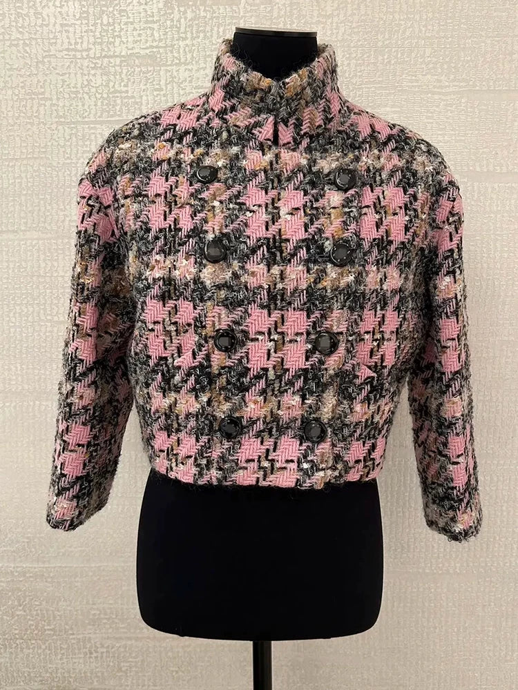 Autumn and winter new jackets, women's stand-up collar skirts, wool knitted tweed pink plaid suits, celebrity women's clothing