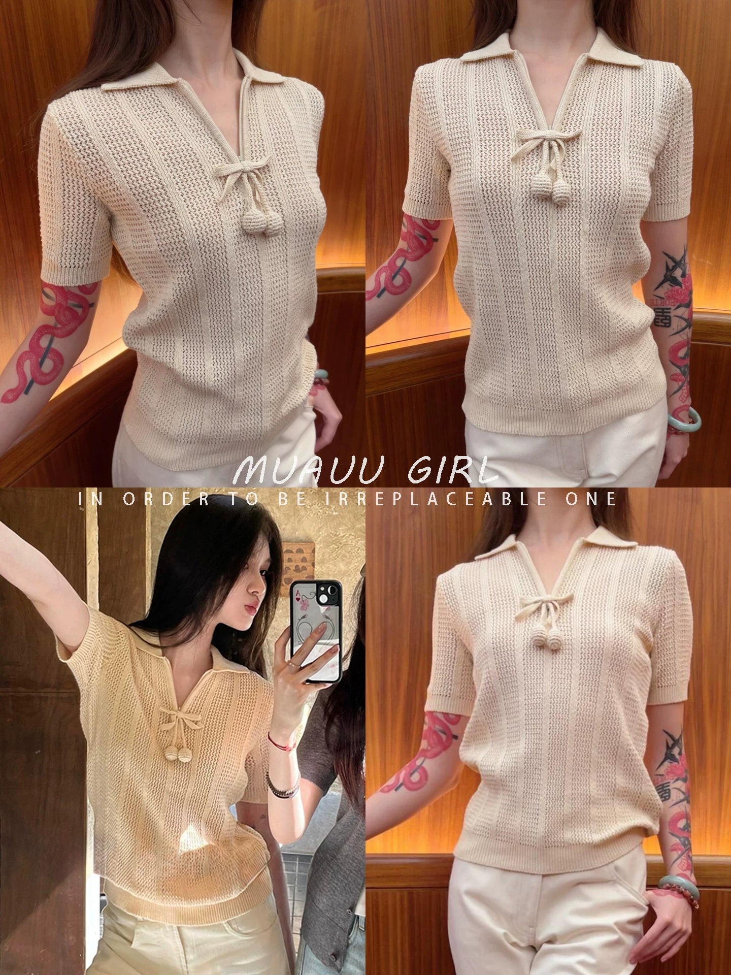 Spring and summer 26ss MUAUU GIRL dating in June! 26SS Cherry decorative neckline lapel short-sleeved knitted sweater T-shirt top women