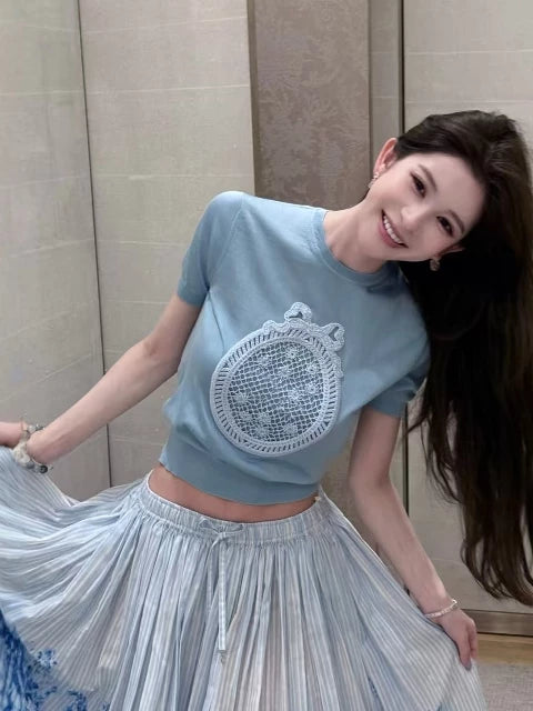 Spring and summer 26ss June, Nanyou haute couture 26 spring and summer new heavy industry three-dimensional embroidery short-sleeved T-shirt round neck versatile and thin top women
