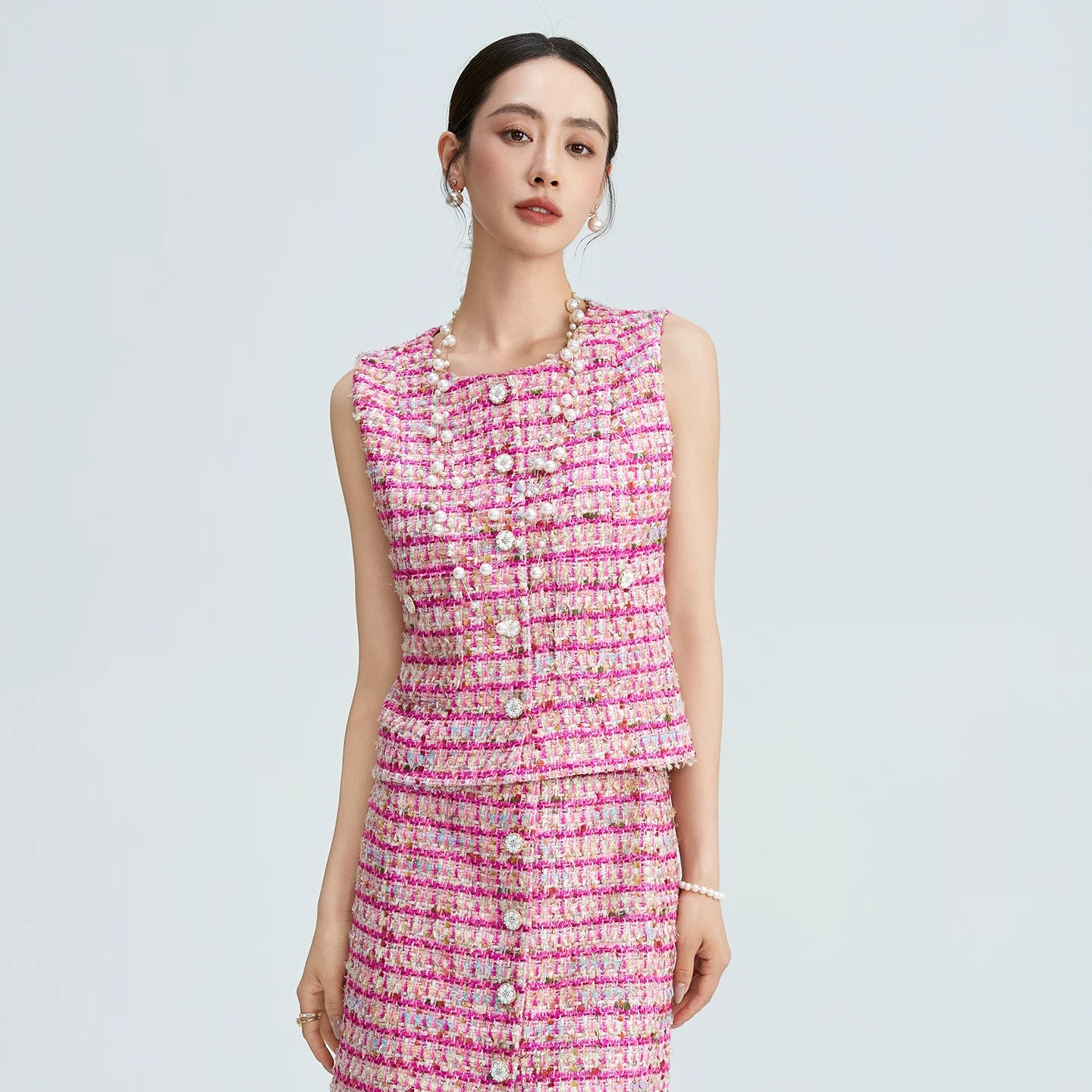 Pink tweed celebrity suit elegant temperament vest vest skirt high-end temperament suit