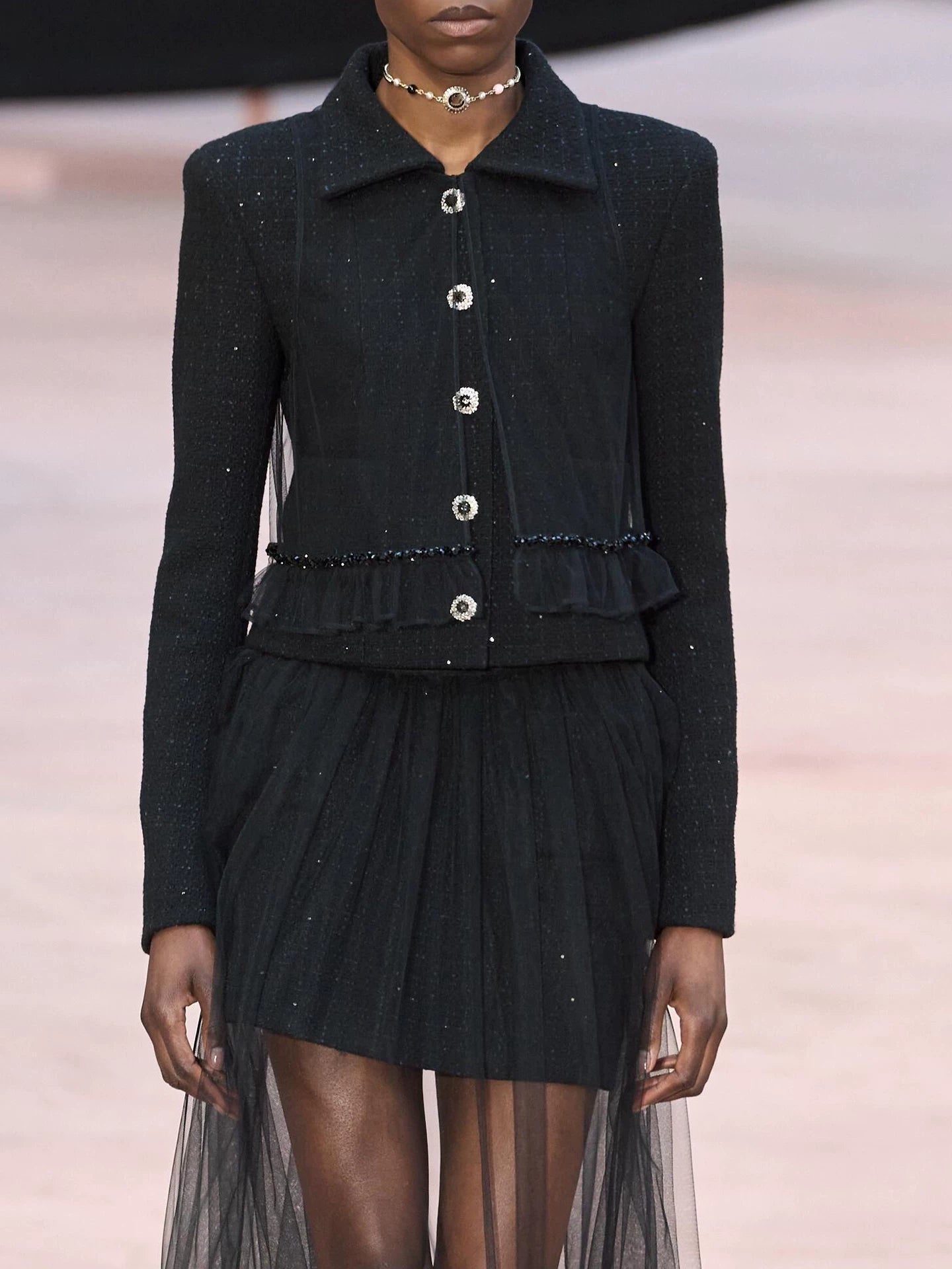 Light luxury black sequined suit women's wool tweed jacket skirt two-piece set celebrity elegance