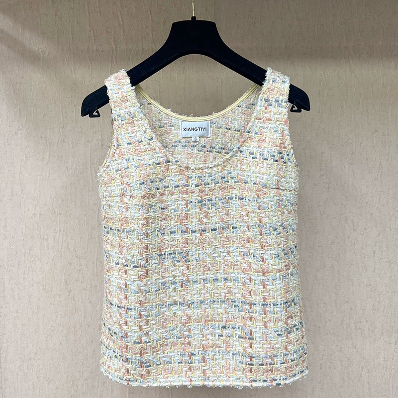 25 Spring and Summer New Vest Women's Sleeveless Suspender Inner Wool Tweed Thin Top Celebrity Women's Clothing