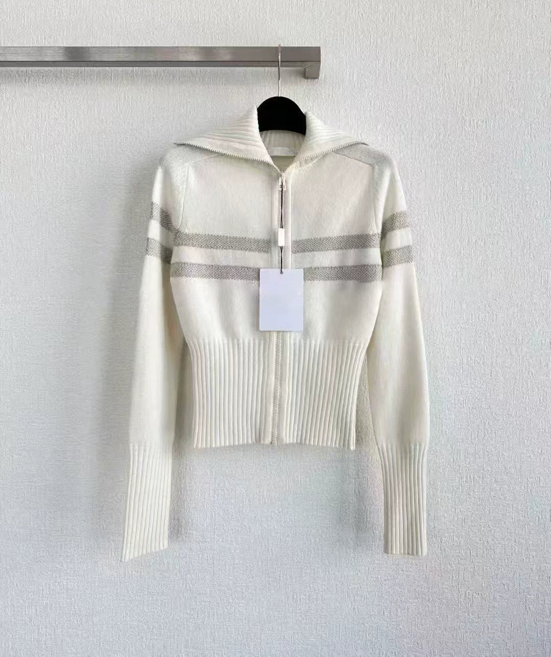 2025 autumn and winter letter five-pointed star letter jacquard half-open neck slim-fitting thin cashmere zipper knitted cardigan top