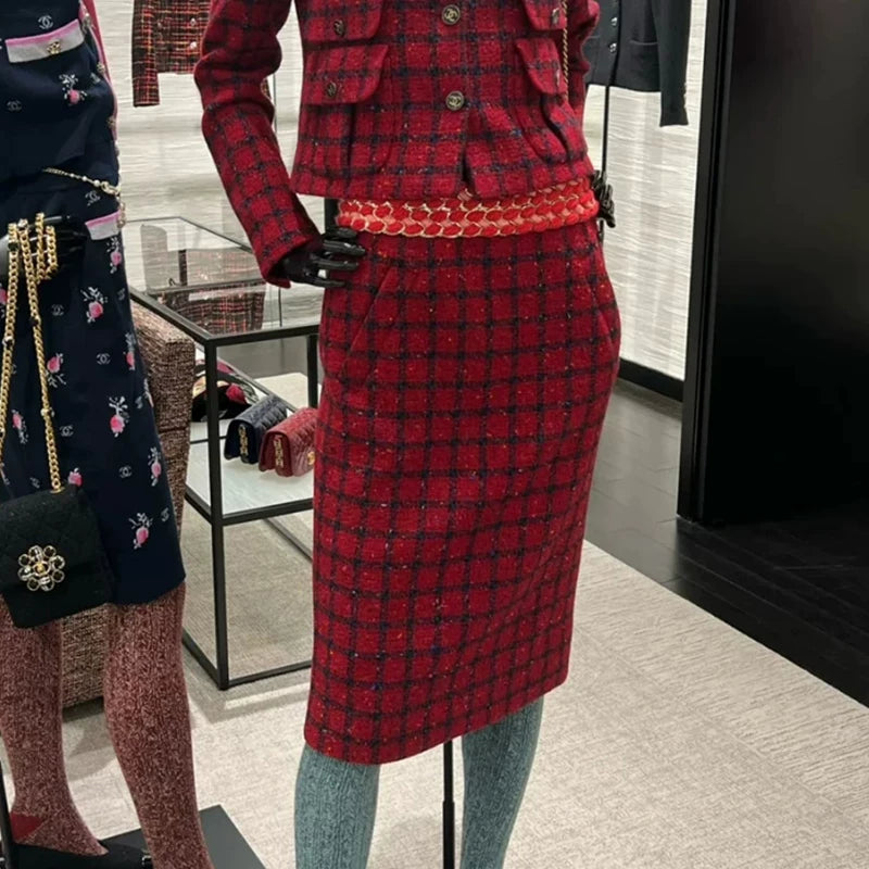 Red plaid set women's coat skirt 25 autumn and winter new wool thickened coarse tweed two-piece set