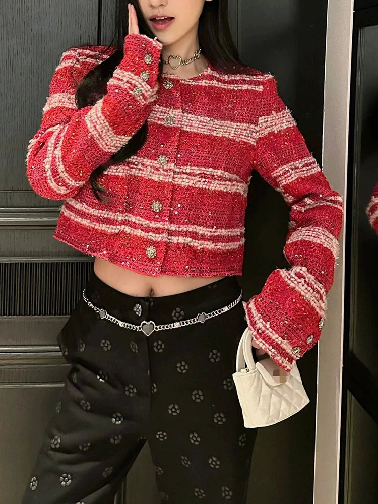 Celebrity temperament sequined striped jacket women's crew neck short top high-end wool tweed women's clothing