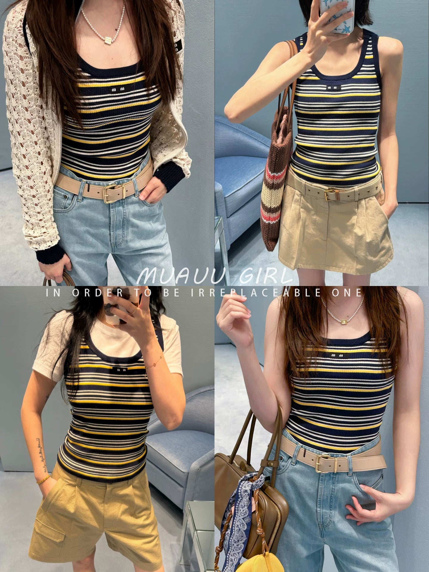Spring/Summer 26ss June MUAUU GIRL Summer Story! 26SS Alphabet Patch Contrast Color Striped Slim-Fit U-Neck Knitted Vest Top