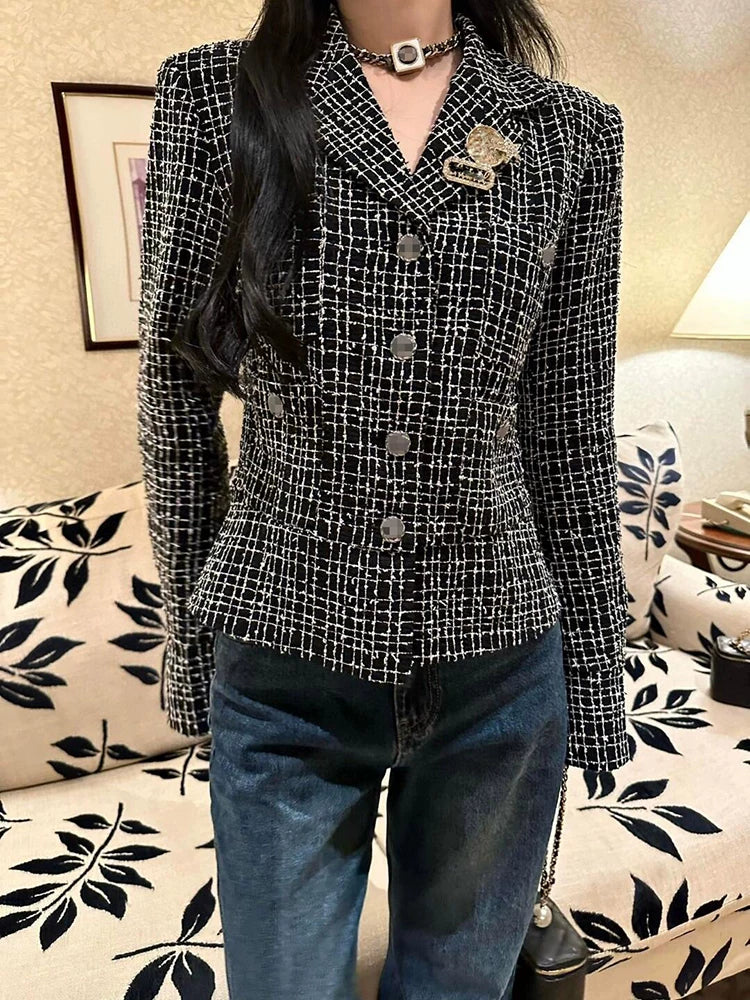 24 Spring and Autumn New Celebrity Temperament Plaid Jacket Women's Suit Collar Short Superior Tweed Wool