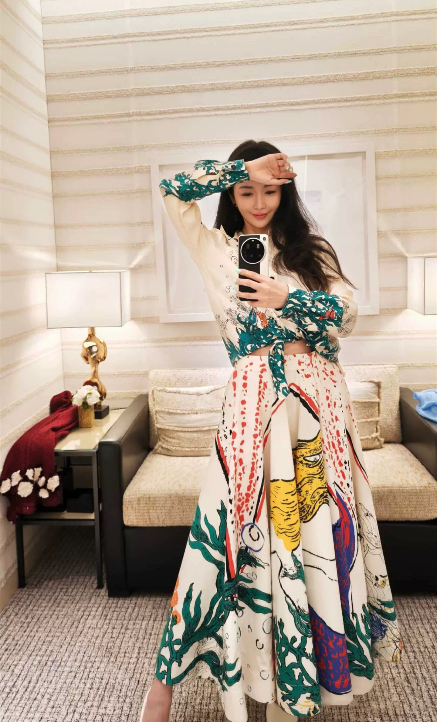 Spring and summer 26ss June, Nanyou 26 summer new underwater world print versatile and thin turned loose collar shirt top + A-shaped skirt