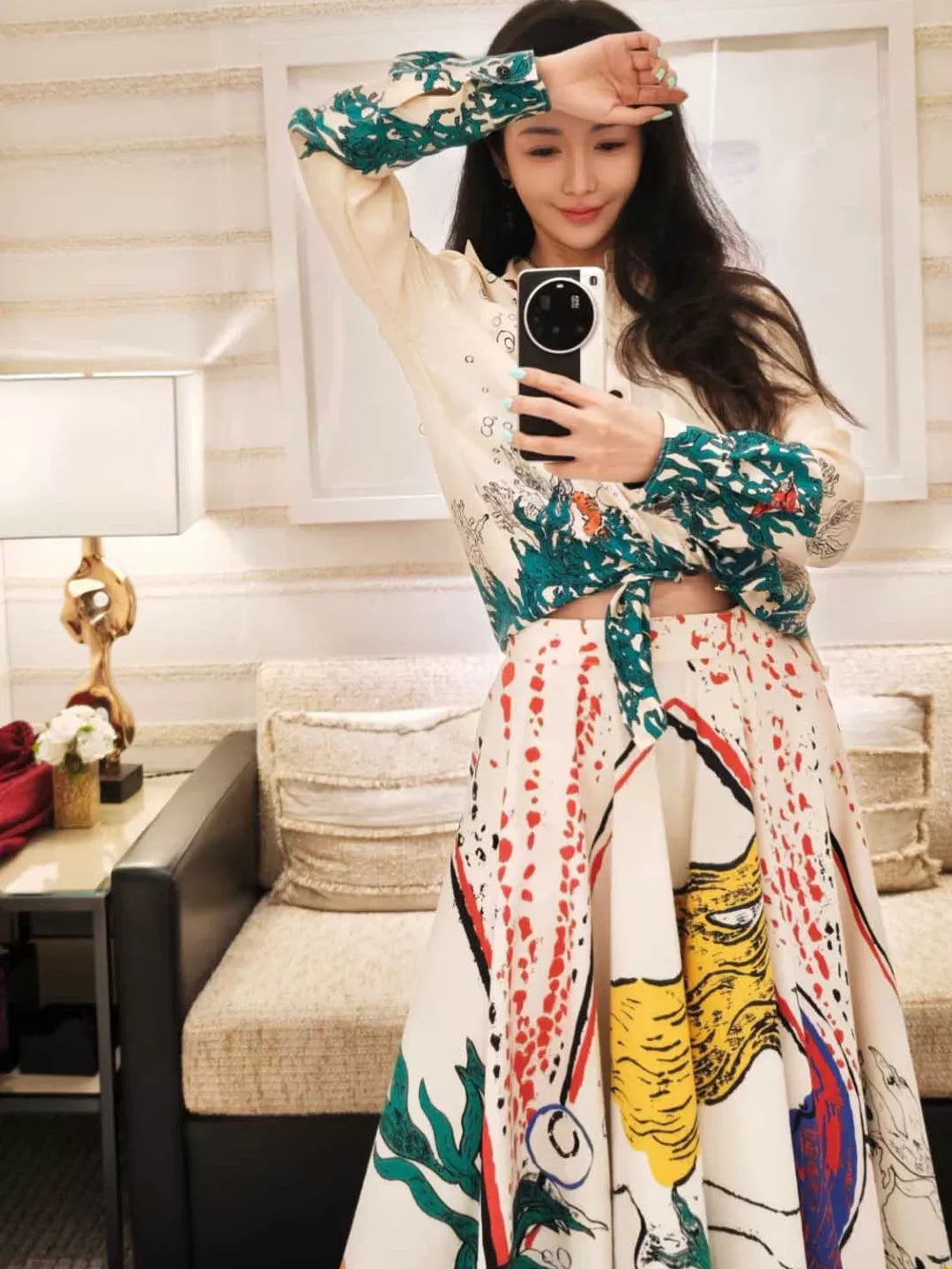 Spring and summer 26ss June, Nanyou 26 summer new underwater world print versatile and thin turned loose collar shirt top + A-shaped skirt