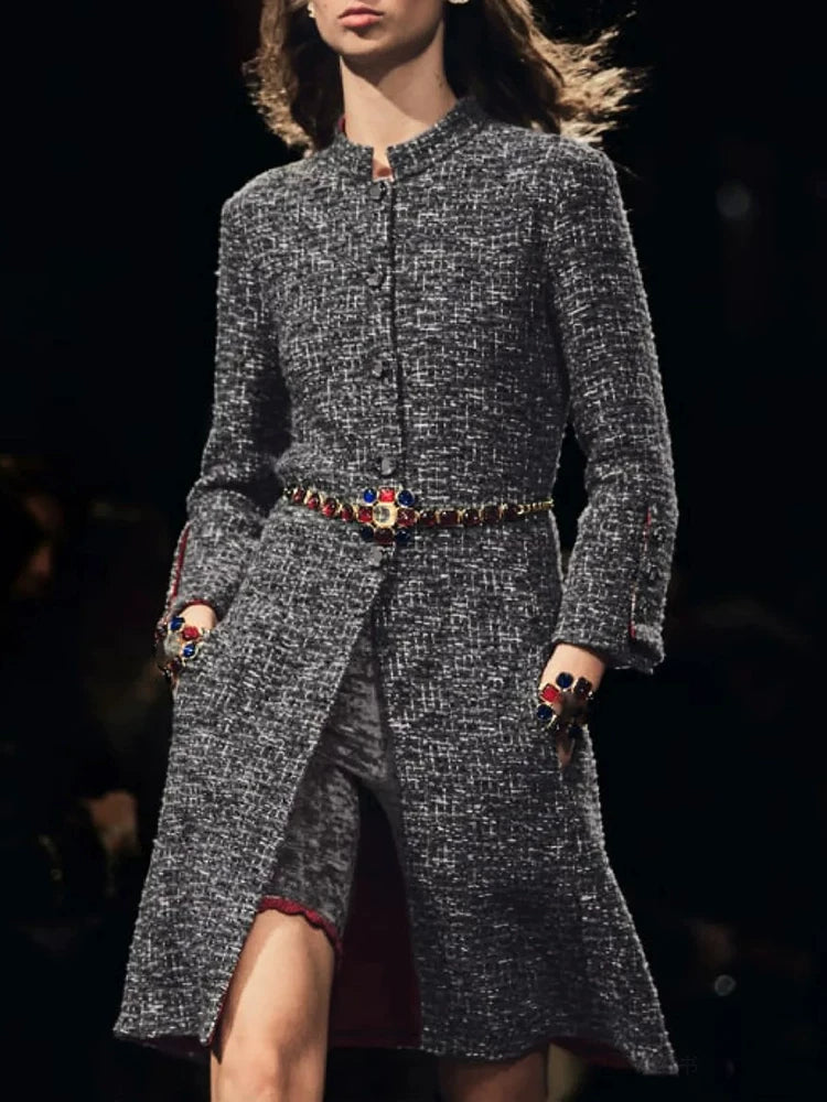 Jacket women's autumn and winter new stand-up collar temperament nine-quarter sleeve gray wool tweed haute couture coat