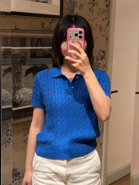 Spring and summer 26ss June, Nanyou haute couture 26 spring and summer new pony embroidered lapel twisted knitted sweater age-reducing style versatile short-sleeved top women