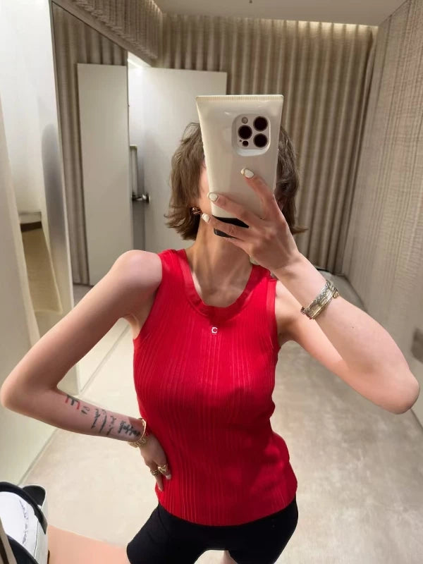 Spring summer 26ss June Nanyou haute couture 26M summer new chest hardware logo sleeveless top slim crew neck knitted vest