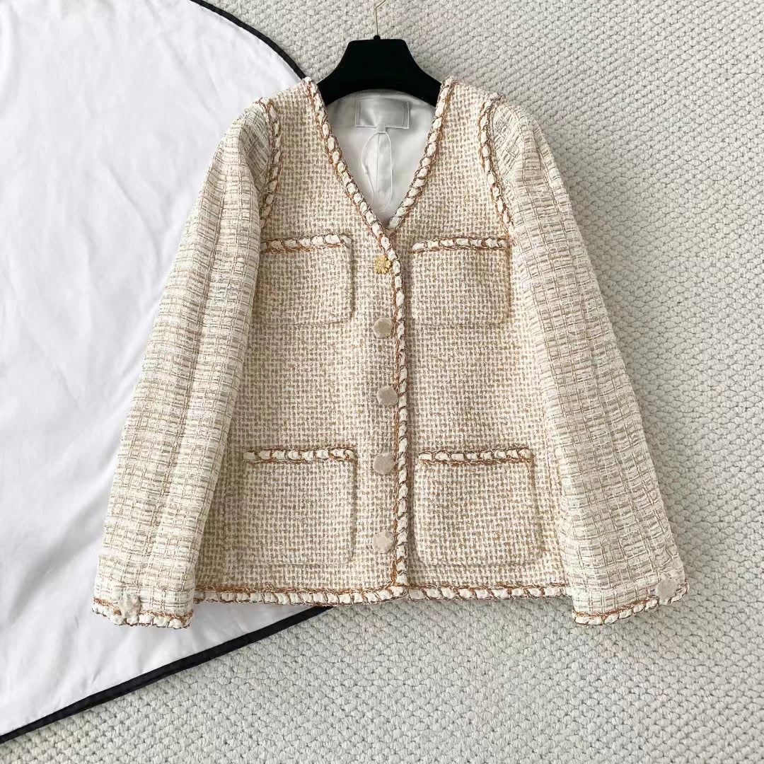 2026 early spring French high-end temperament heavy industry tweed woven fake two-piece vest jacket top