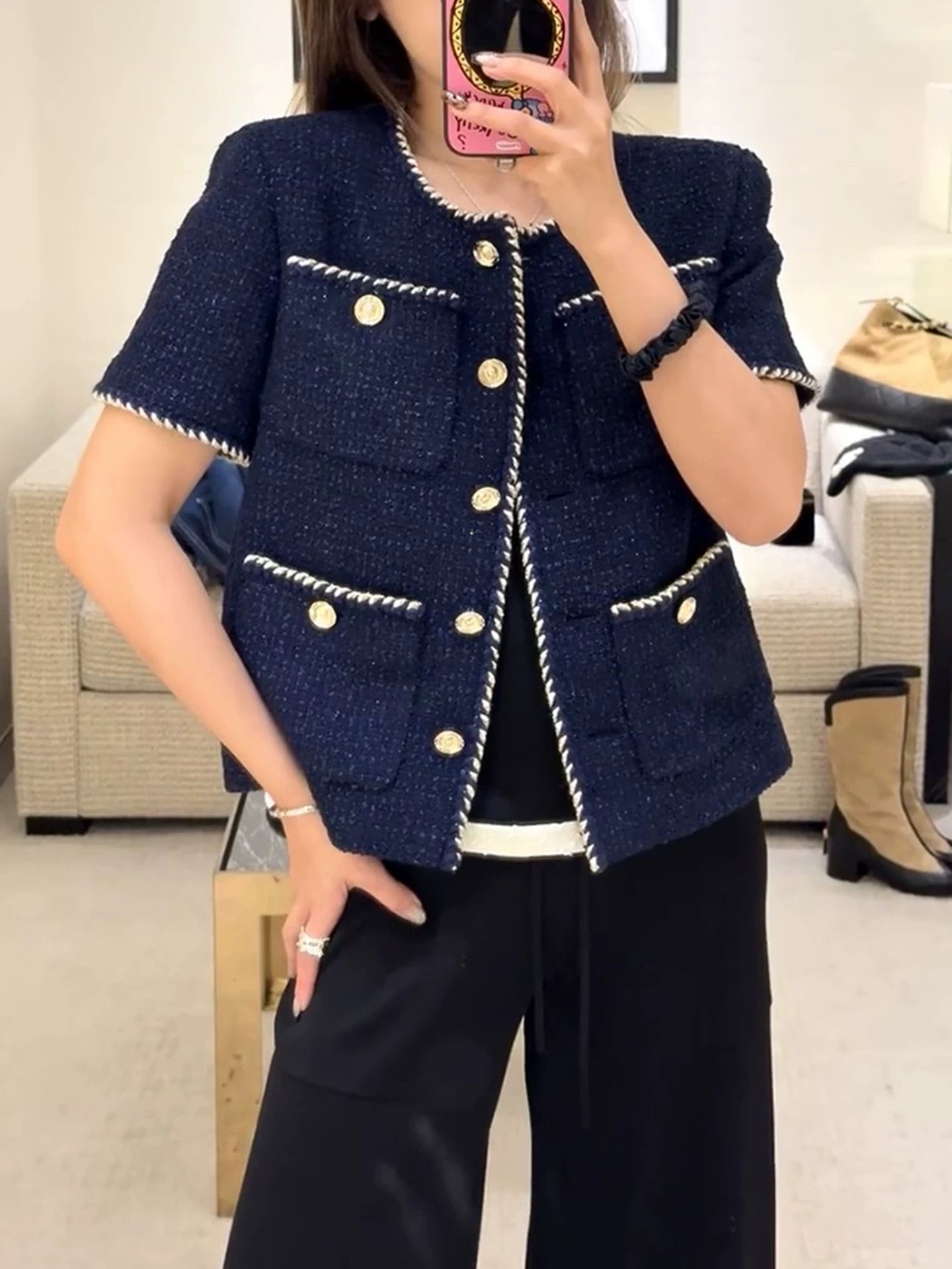 suit jacket short cropped pants light luxury high-end temperament socialite dark blue early autumn exquisite wool