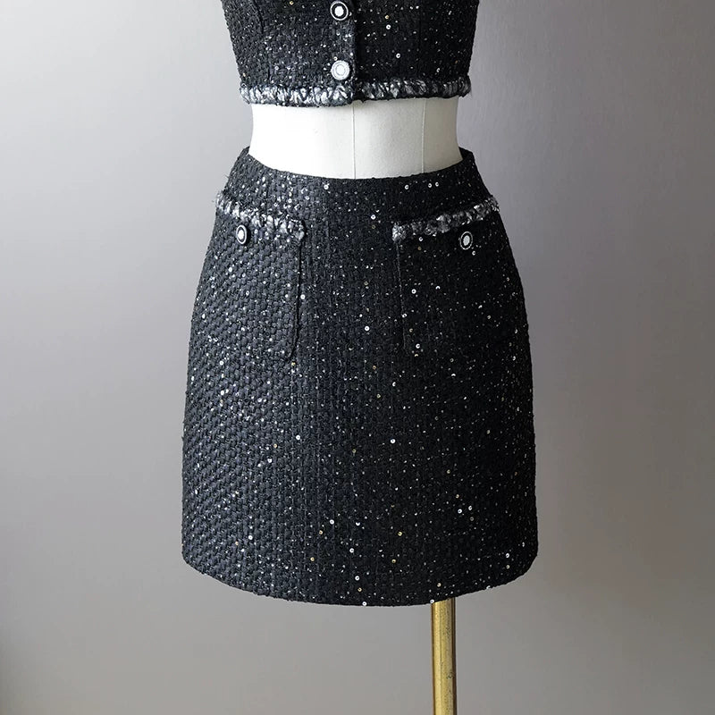 Sequin suit, vest, skirt, autumn French stacked top, black tweed two-piece set