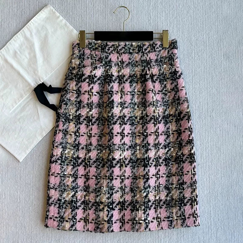 Autumn and winter new jackets, women's stand-up collar skirts, wool knitted tweed pink plaid suits, celebrity women's clothing