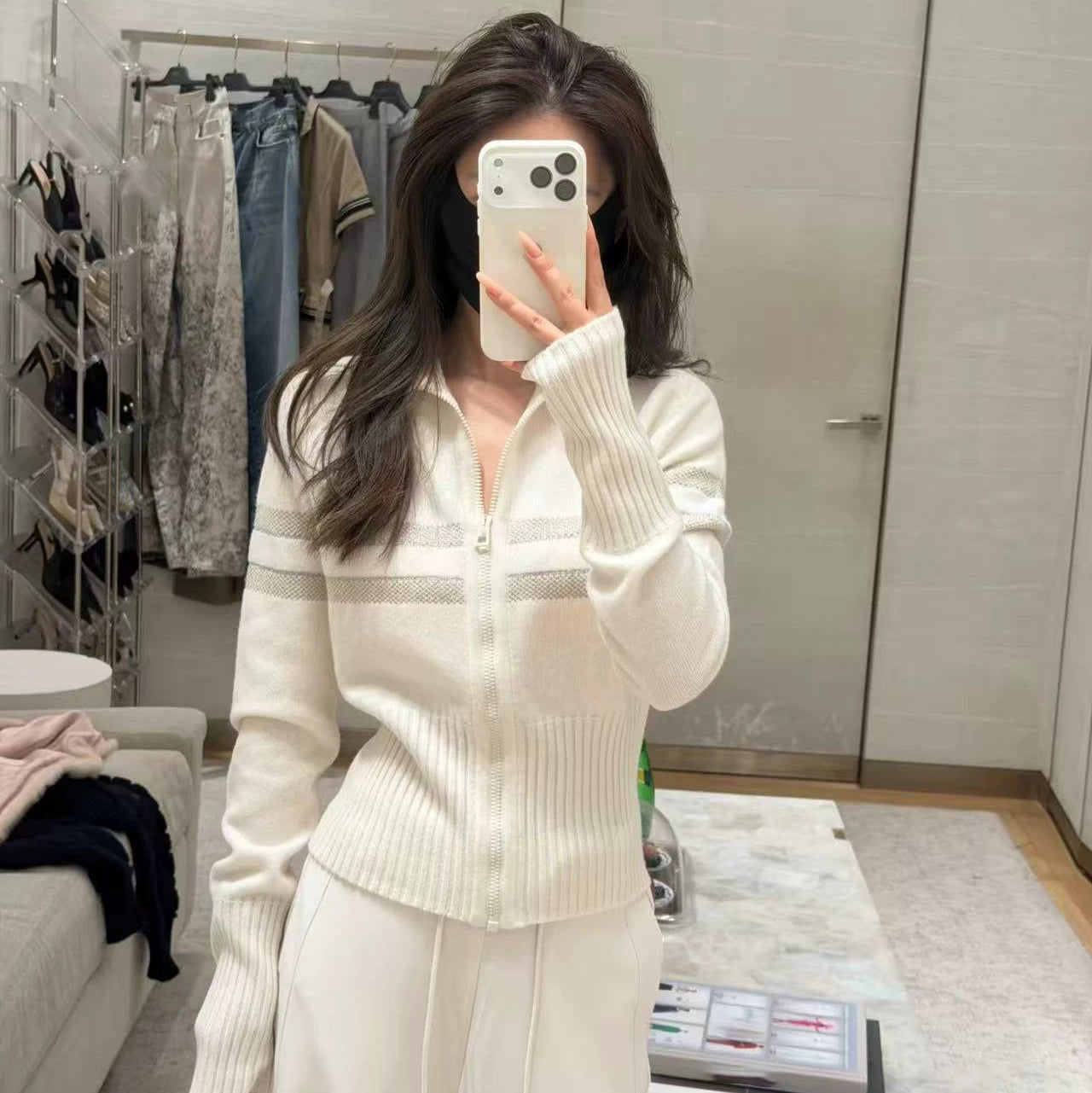 2025 autumn and winter letter five-pointed star letter jacquard half-open neck slim-fitting thin cashmere zipper knitted cardigan top