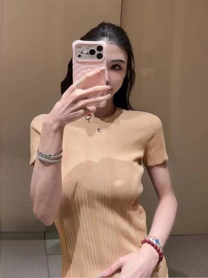 Spring and summer 26ss June, Nanyou haute couture 26M summer new vertical pit strip crew neck high elastic top short sleeve versatile slim knitted sweater women