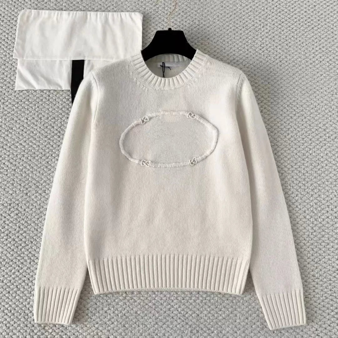 2025 Autumn/Winter Classic Premium White Letter Embroidered Jacquard Crew Neck Soft Cashmere Knitted Pullover Long Sleeve Top