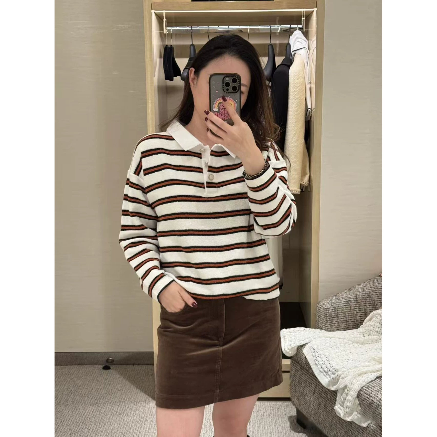 2025 autumn and winter contrasting colors classic age-reducing girl striped polo collar knitted long sleeves + high waist straight wide-leg pants