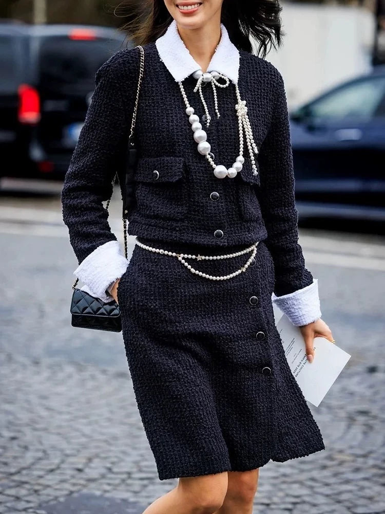 Fake two small fragrant coats female chic socialite new black and white contrasting color long-sleeved wool early autumn tweed short top